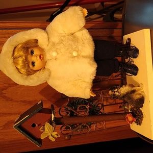 Vintage  small doll with  dog and bird  house